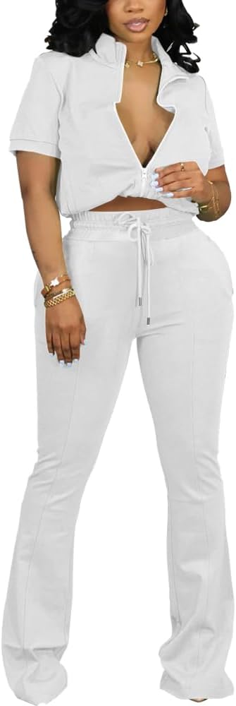 Women 2 Piece Outfits Sweatsuit Set Casual Lapel Zip Up Jacket Wide Leg Pant Lounge Set Tracksuit