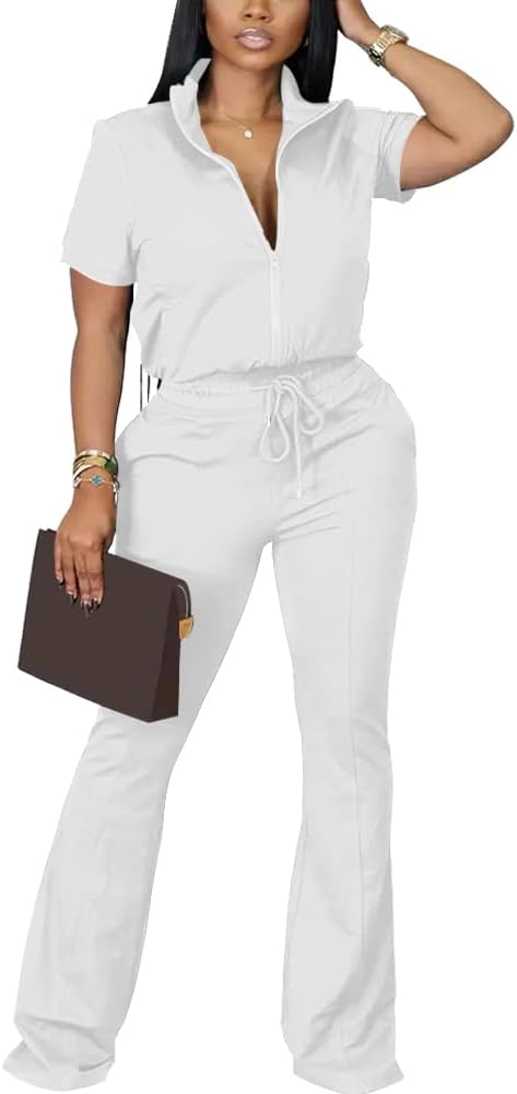 Women 2 Piece Outfits Sweatsuit Set Casual Lapel Zip Up Jacket Wide Leg Pant Lounge Set Tracksuit