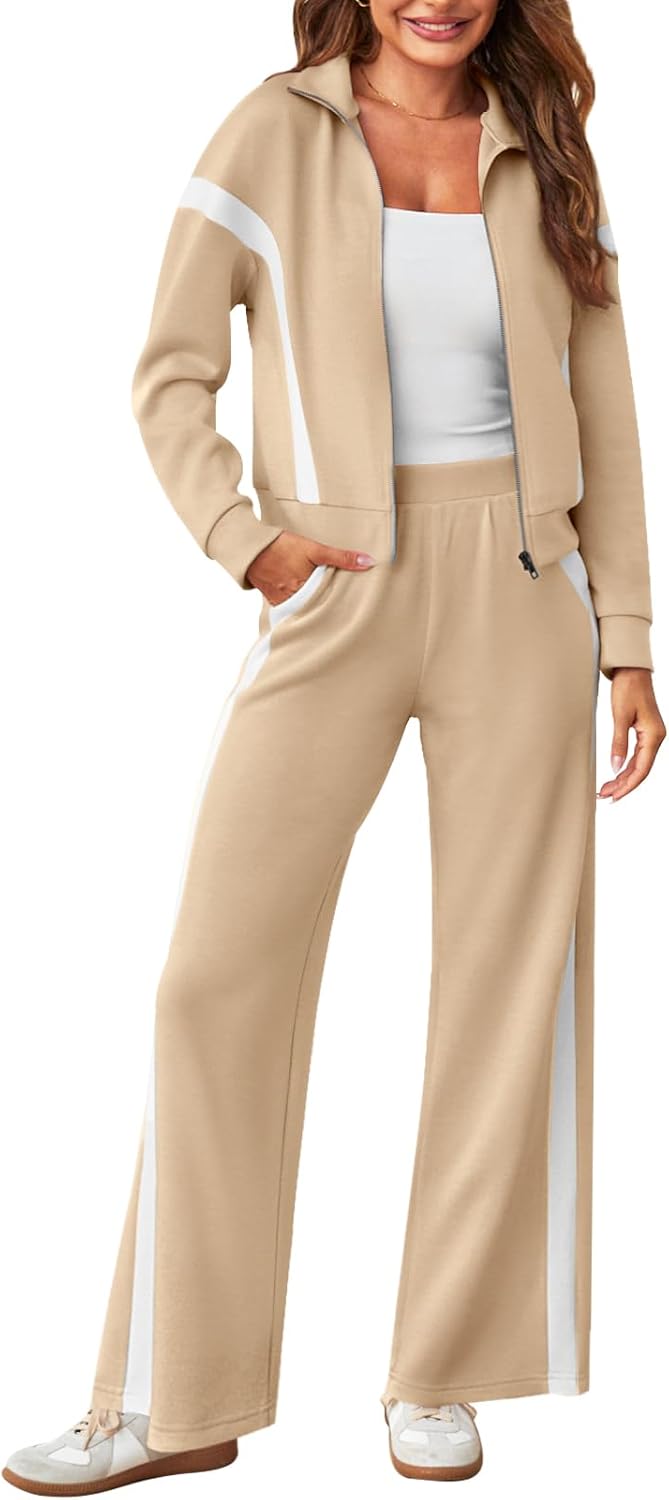 Women 2 Piece Outfits Color Block Sweatsuit Zip Up Sweatshirt Wide Leg Sweatpant Tracksuit Lounge Travel Set
