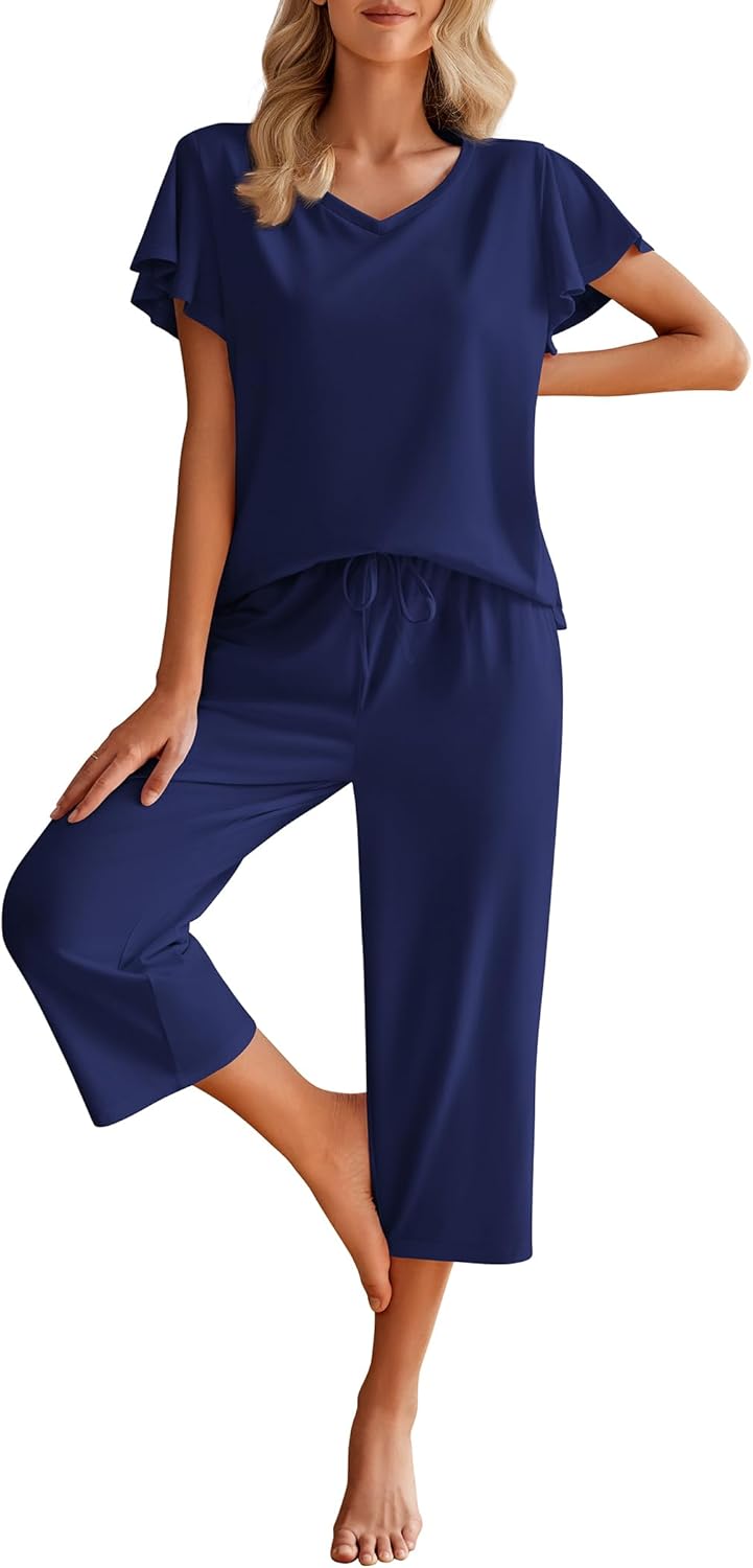 Women Cotton Pajamas Sets Short Sleeve Tops and  Pants Sleepwear Loungewear with Pockets
