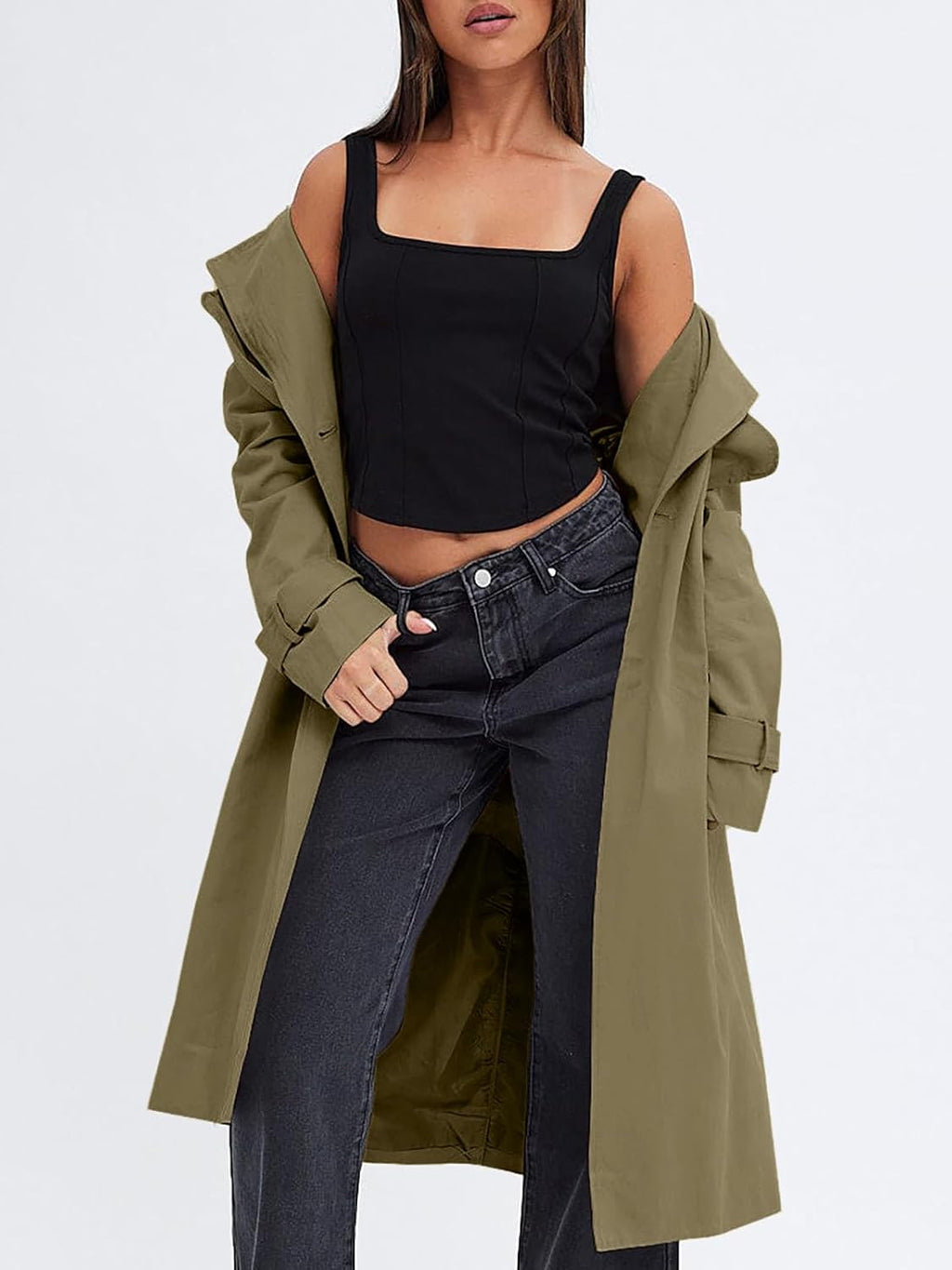 Women Double Breasted Trench Coats Causal Windproof Long Lapel Pocketed Overcoat with Belt