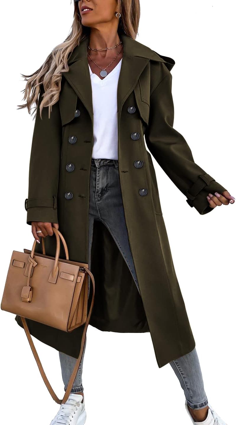 Women Double Breasted Long Trench Coat Windproof Classic Lapel Belted Overcoat with Pockets