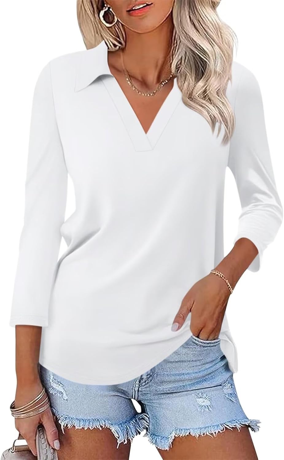 Women's 3/4 Sleeves V Neck Polo Shirts Casual Summer Tops Basic Collar Cute Tees