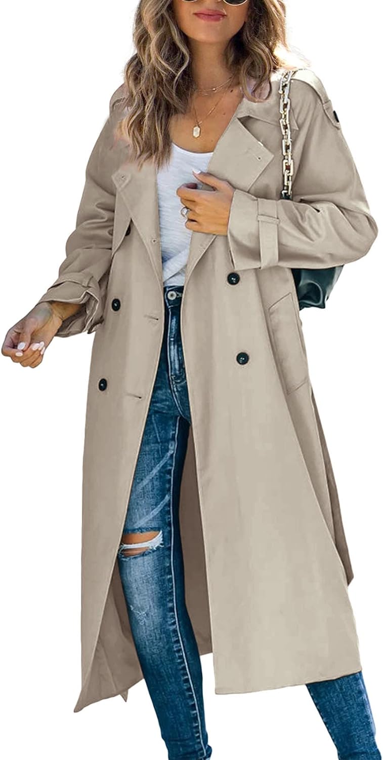 Women Double Breasted Long Trench Coat Windproof Classic Lapel Slim Overcoat with Belt