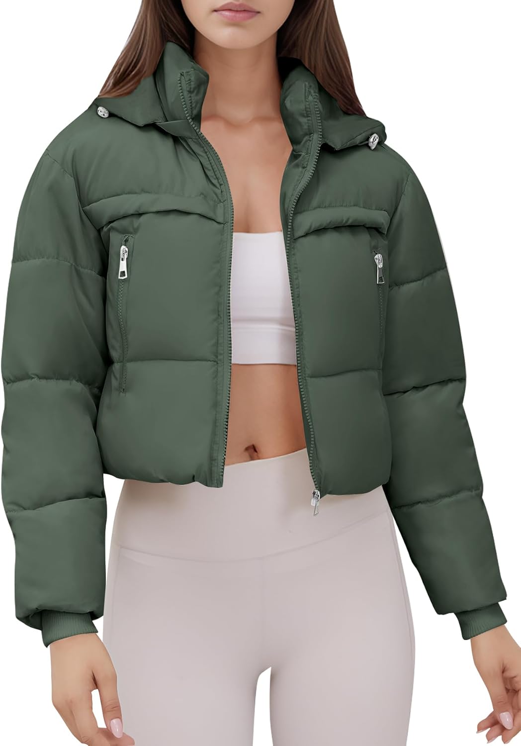 Women Winter Coats Cropped Puffer Jacket Long Sleeve Zip Warm Down Jackets