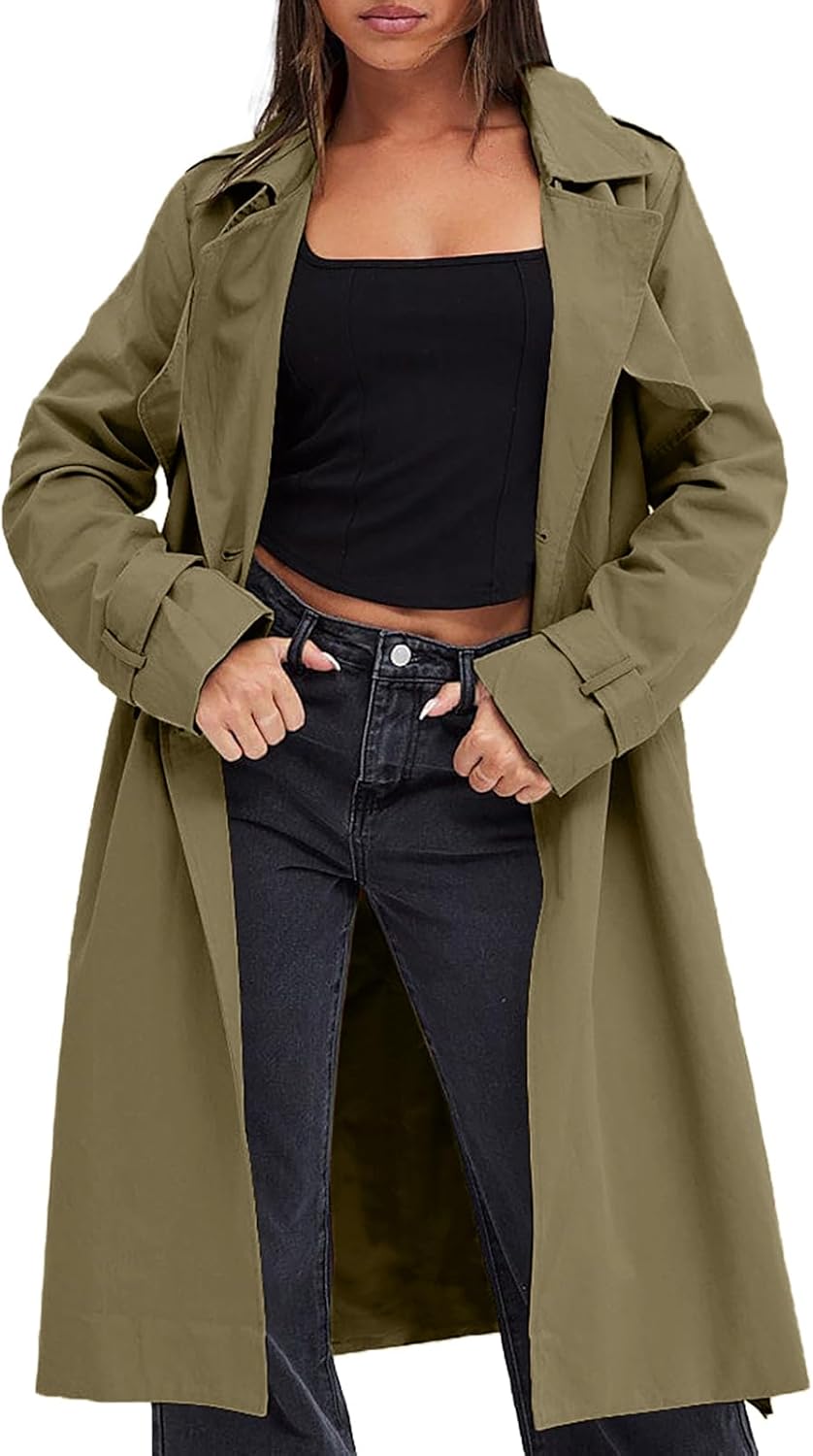 Women Double Breasted Trench Coats Causal Windproof Long Lapel Pocketed Overcoat with Belt