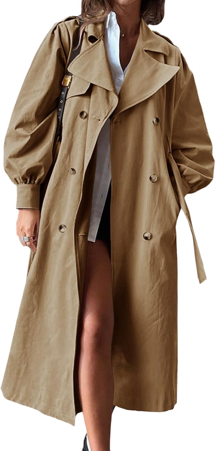 WomenLong Trench Coat Fall Fashion Double Breasted Lapel Overcoat Outerwear with Belt