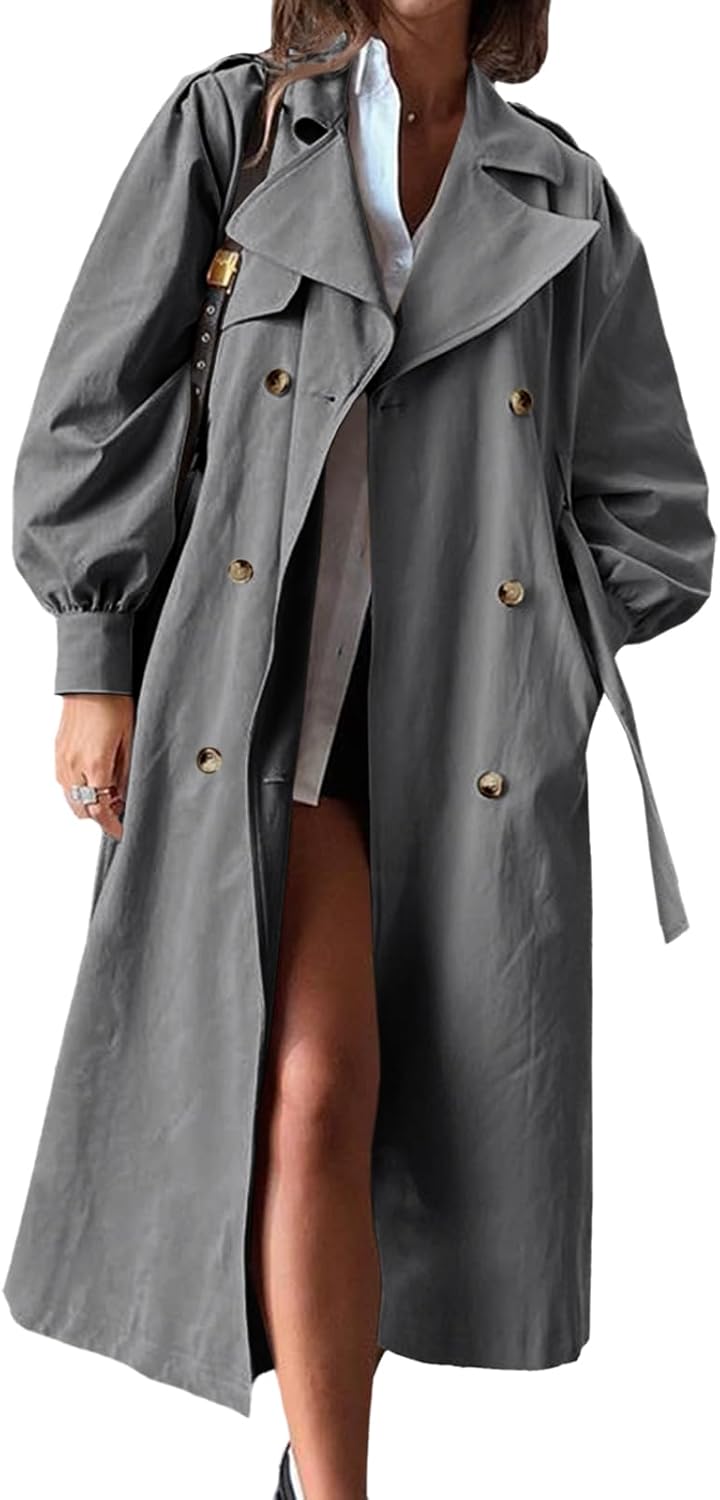 WomenLong Trench Coat Fall Fashion Double Breasted Lapel Overcoat Outerwear with Belt
