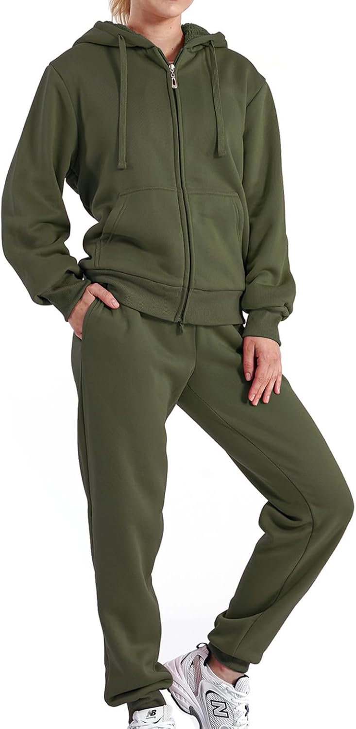 Women Two Piece Tracksuit Sherpa Lined Sweatsuit Lounge Hoodie Sweatshirt and Sweatpants Jogger Outfits Set