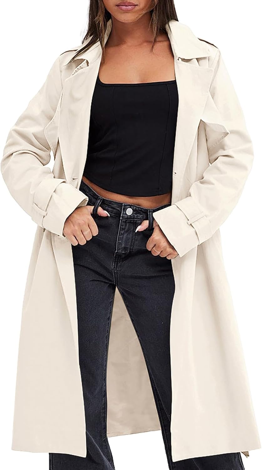 Women Double Breasted Trench Coats Causal Windproof Long Lapel Pocketed Overcoat with Belt