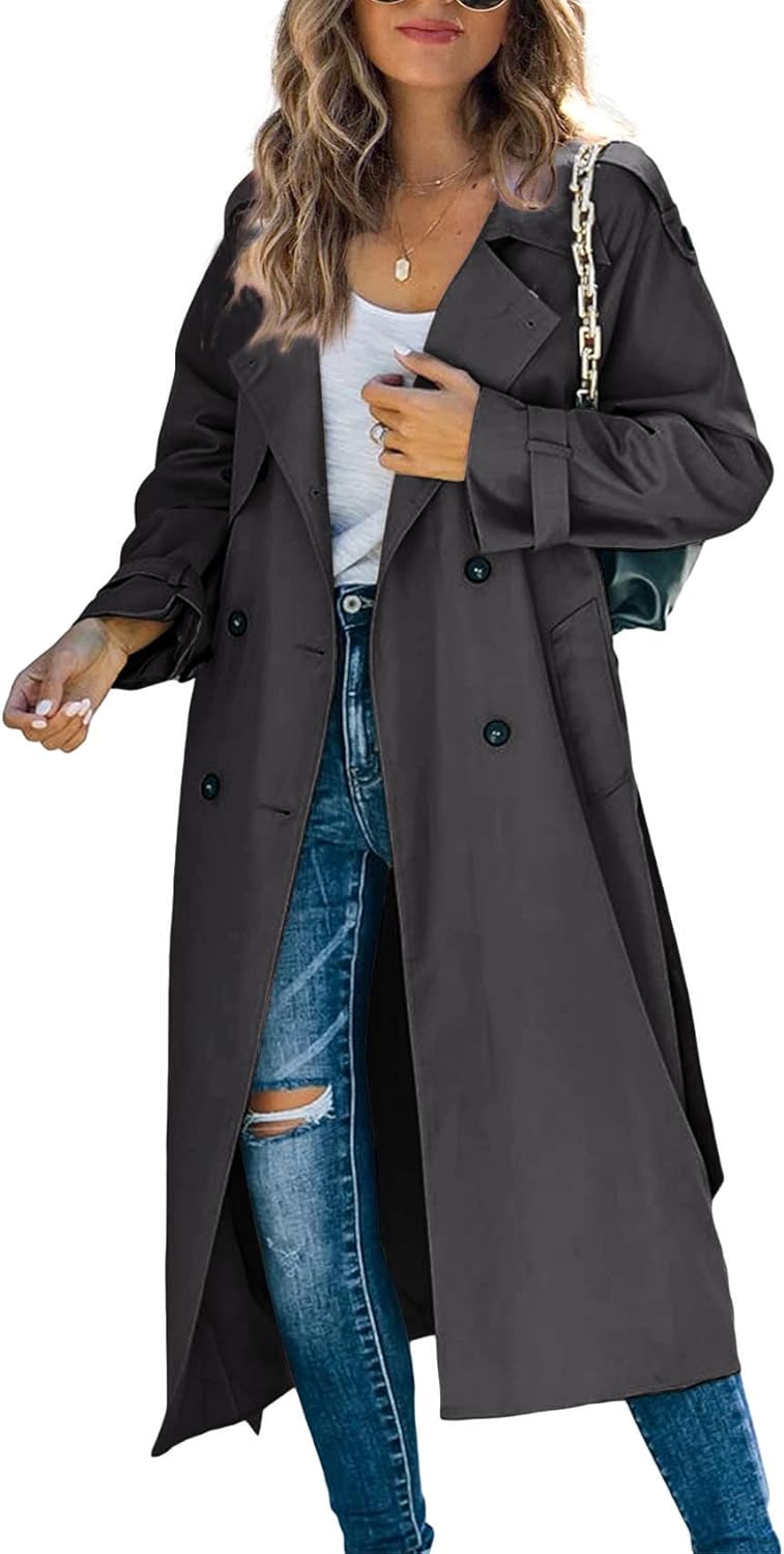 Women Double Breasted Long Trench Coat Windproof Classic Lapel Slim Overcoat with Belt