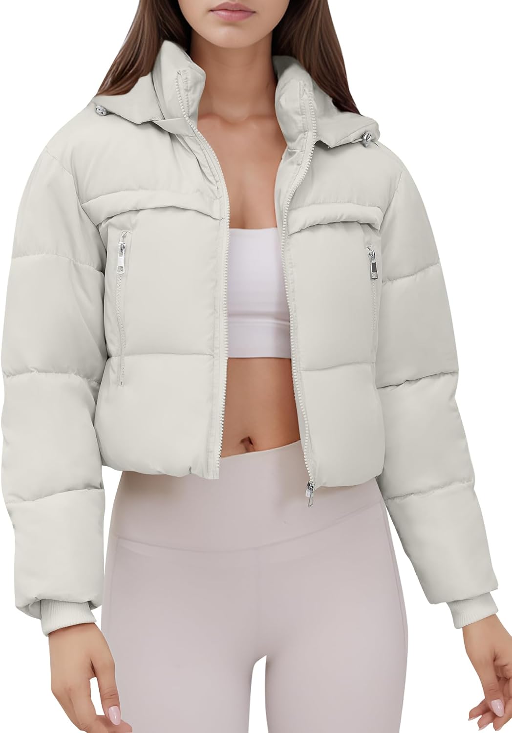 Women Winter Coats Cropped Puffer Jacket Long Sleeve Zip Warm Down Jackets