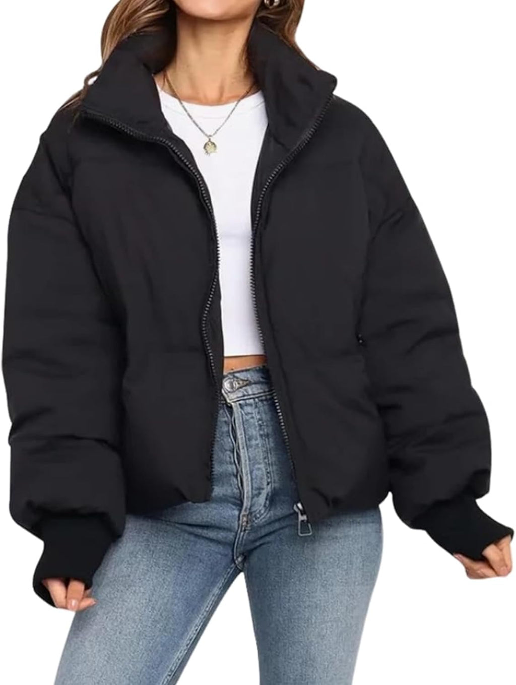 Women Winter Cropped Puffer Jacket Crop Warm Cotton Jacket Baggy Short Padded Outerwear Coats