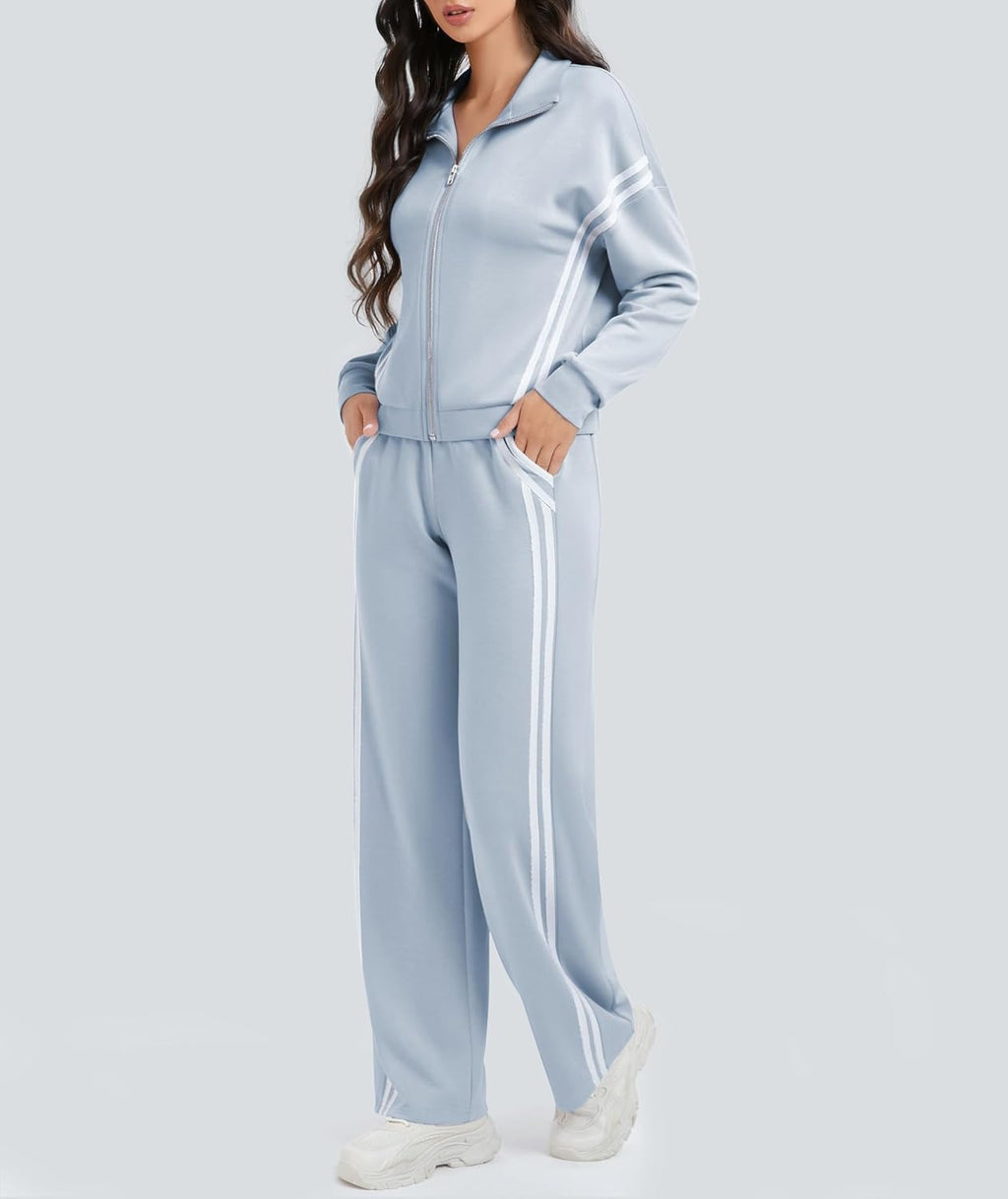 Women 2 Piece Lounge Outfits Zip Up Sweat Set Contrast Striped Wide Leg Jogging Pants Travel Track Suit