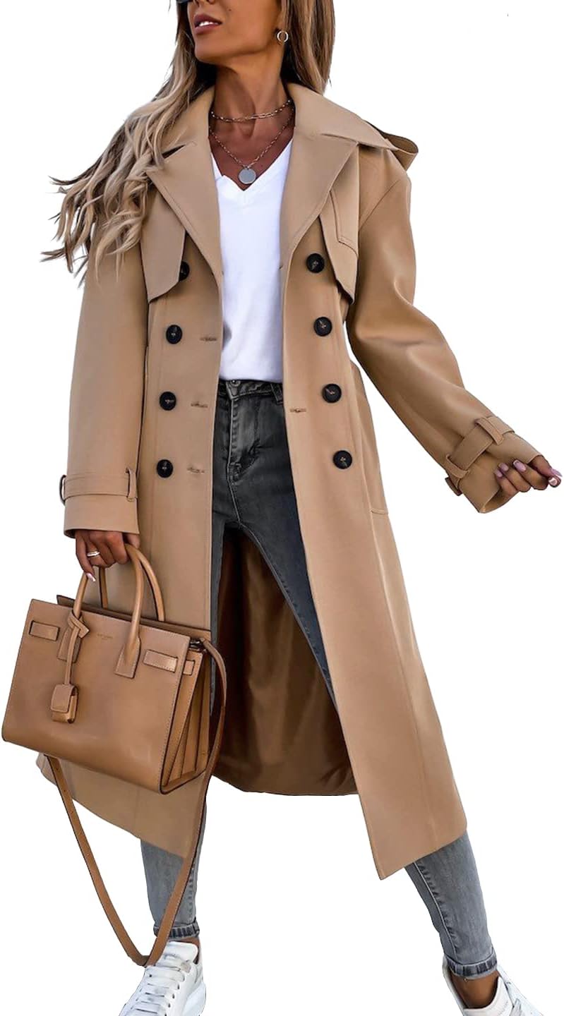 Women Double Breasted Long Trench Coat Windproof Classic Lapel Belted Overcoat with Pockets