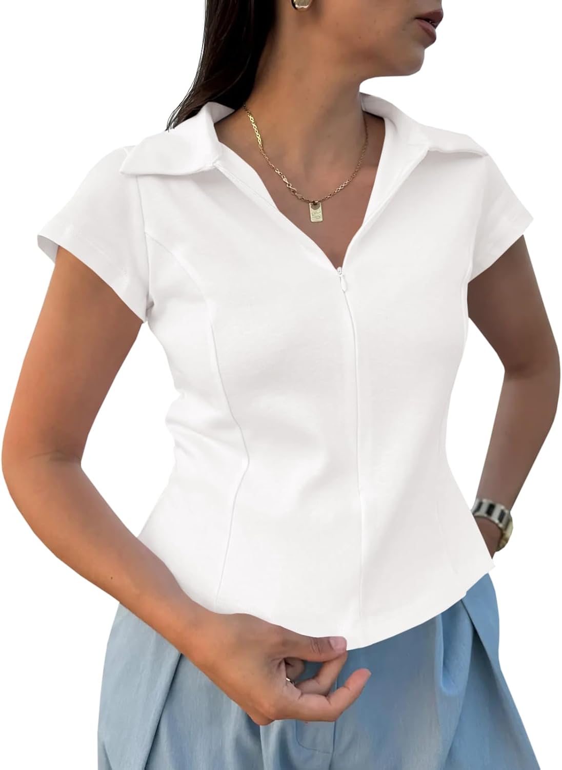 Womens Short Sleeve Collared Polo Shirts Fitted Cotton Blouse Summer Casual V Neck Tops