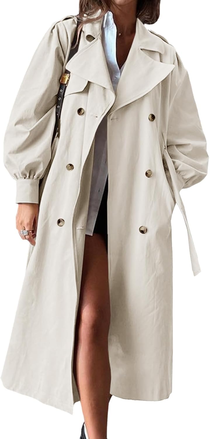 WomenLong Trench Coat Fall Fashion Double Breasted Lapel Overcoat Outerwear with Belt