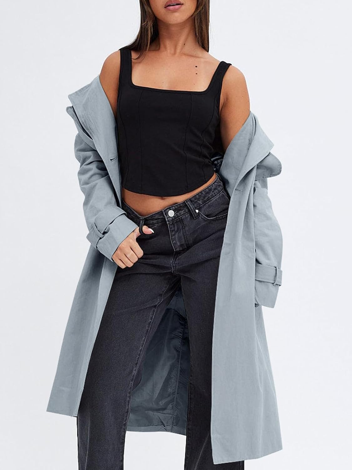 Women Double Breasted Trench Coats Causal Windproof Long Lapel Pocketed Overcoat with Belt