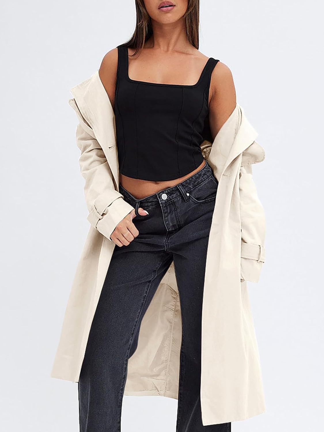 Women Double Breasted Trench Coats Causal Windproof Long Lapel Pocketed Overcoat with Belt