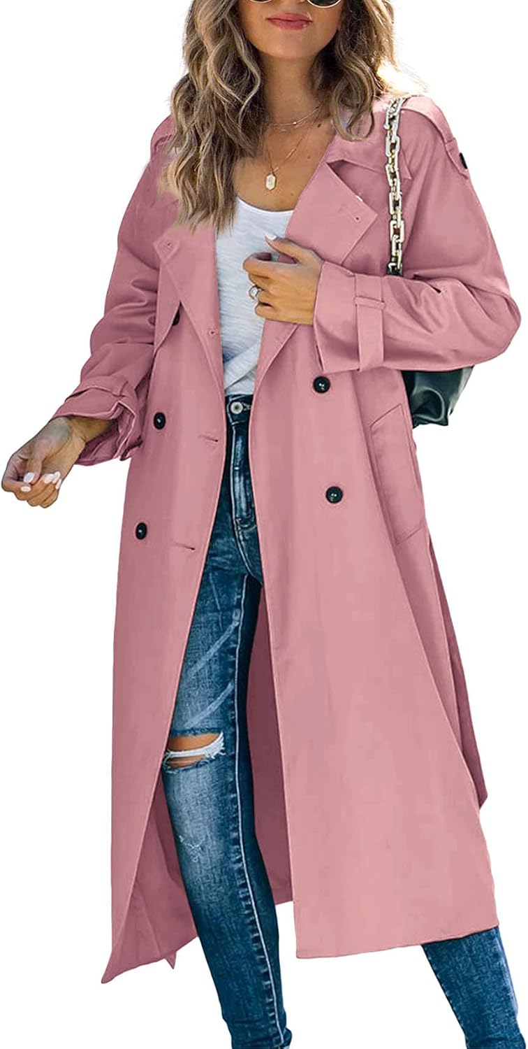 Women Double Breasted Long Trench Coat Windproof Classic Lapel Slim Overcoat with Belt