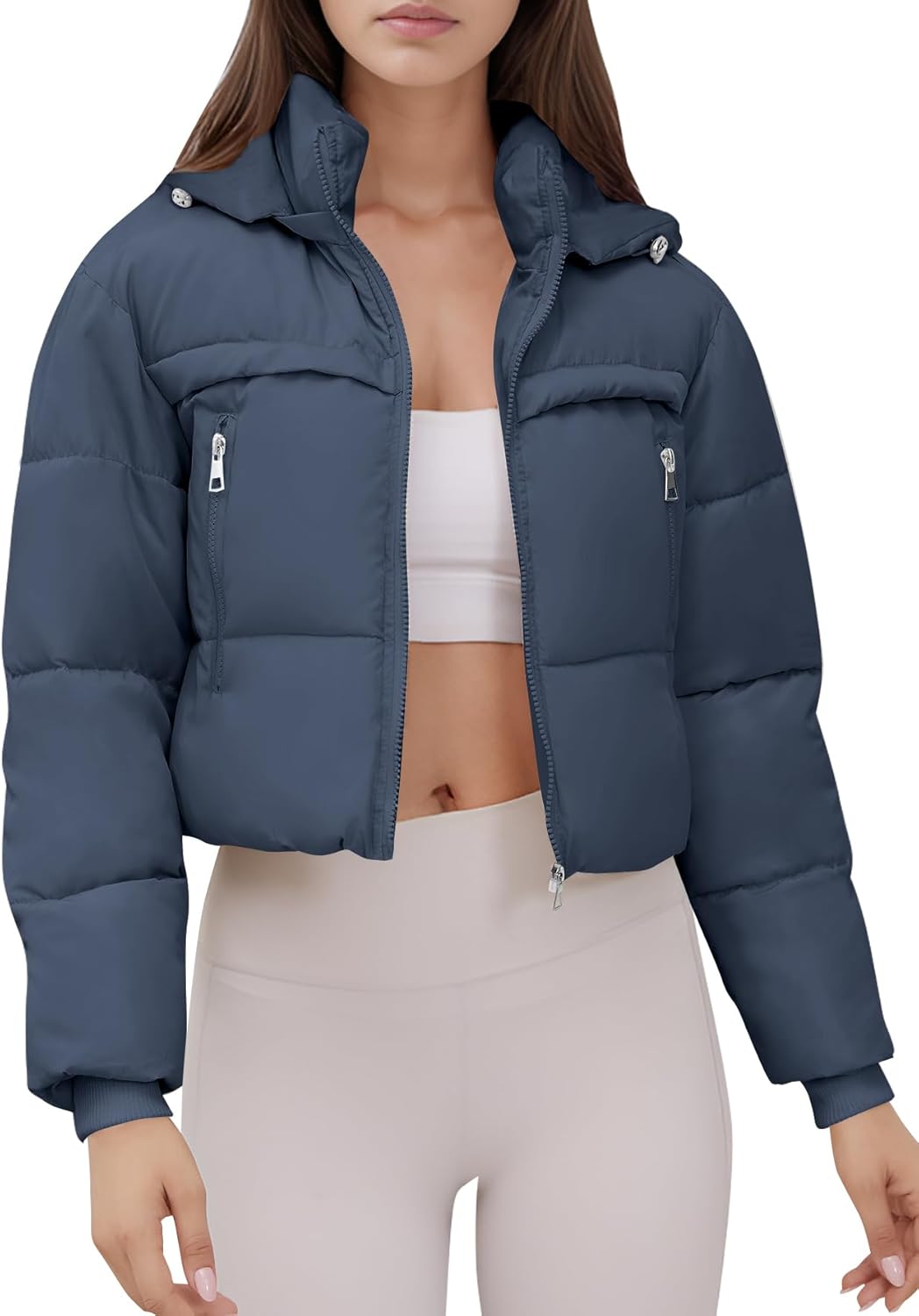 Women Winter Coats Cropped Puffer Jacket Long Sleeve Zip Warm Down Jackets