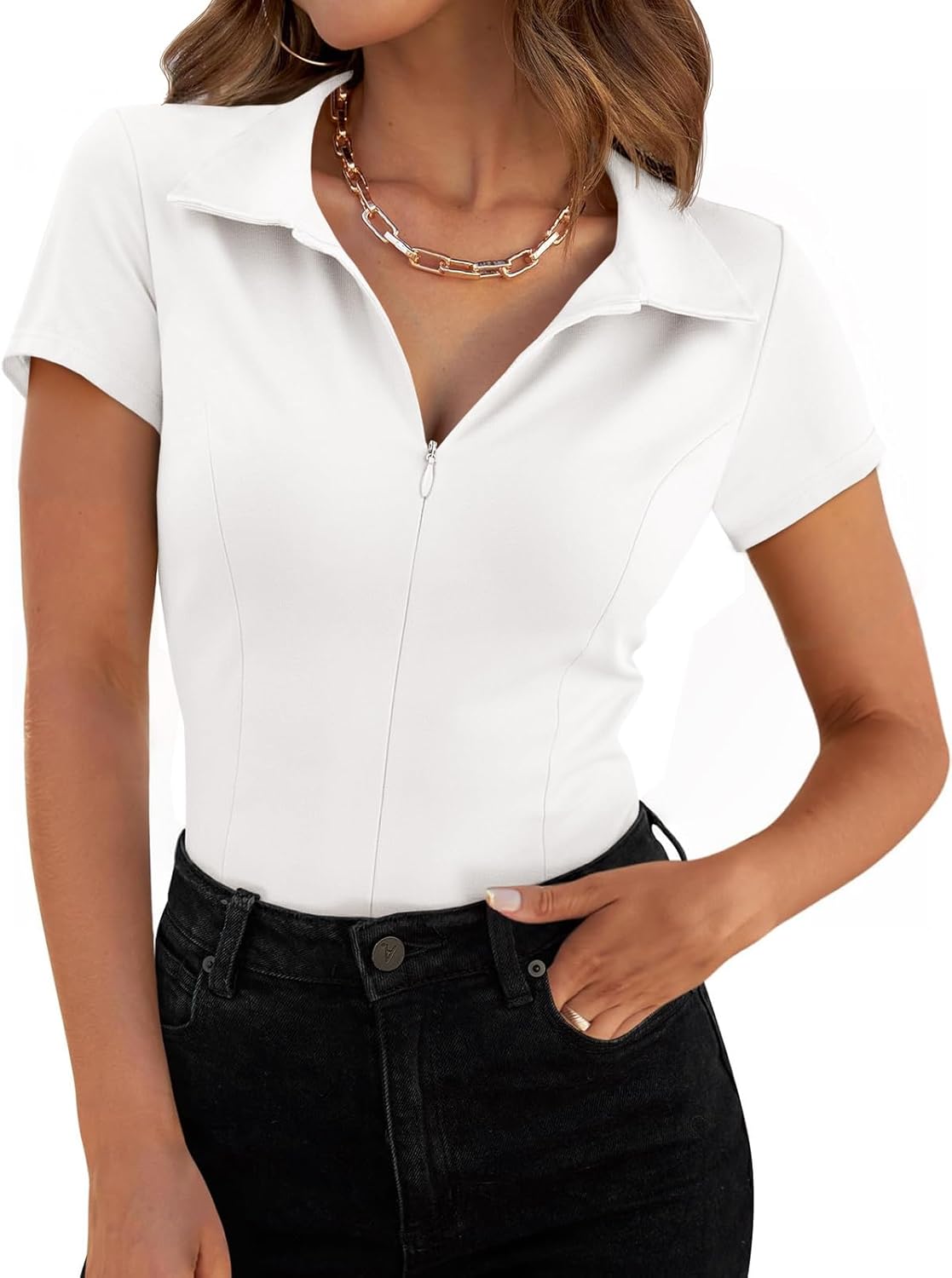 Womens Short Sleeve Collared Polo Shirts Fitted Cotton Blouse Summer Casual V Neck Tops