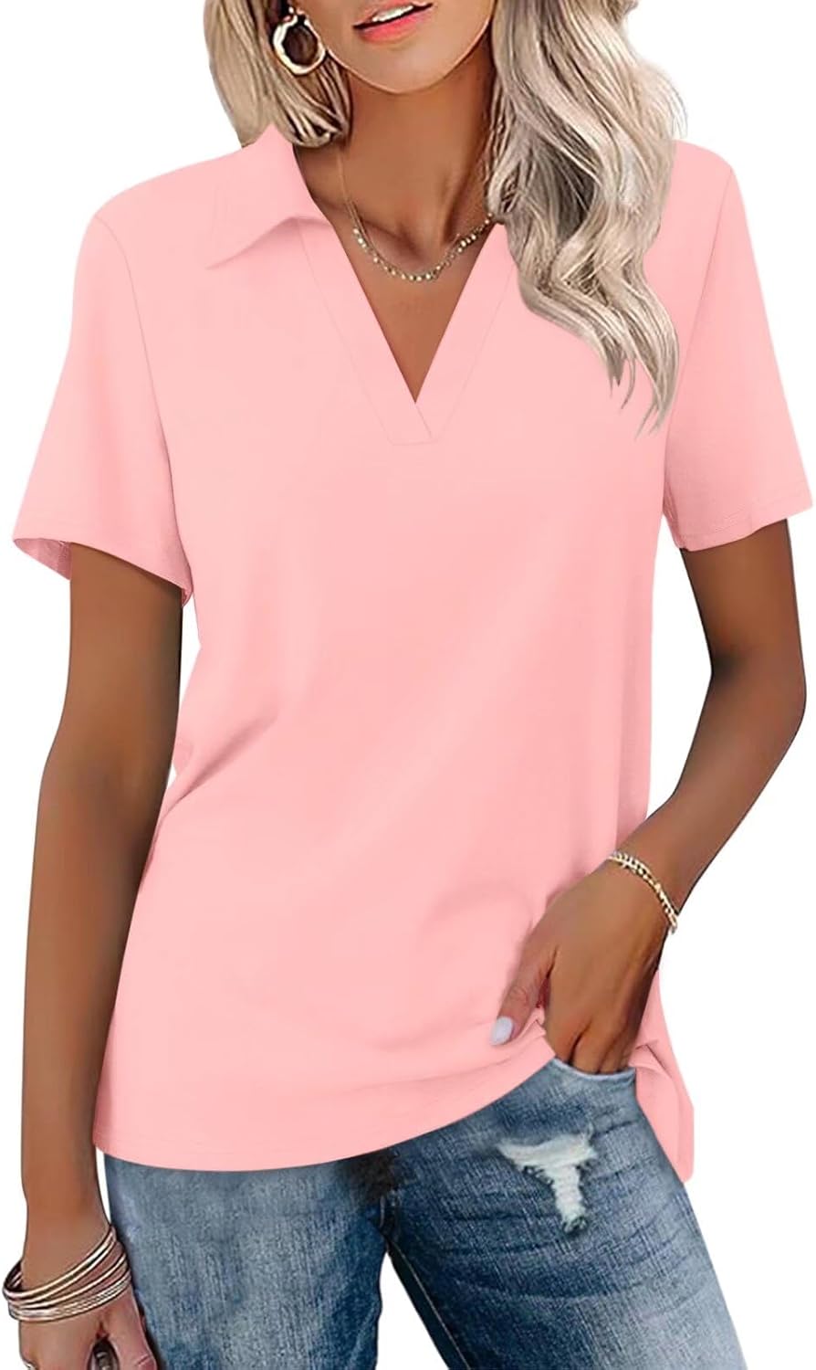 Women's Short Sleeve V Neck Polo Shirts Summer Collared Tops Casual Loose Tees Tops