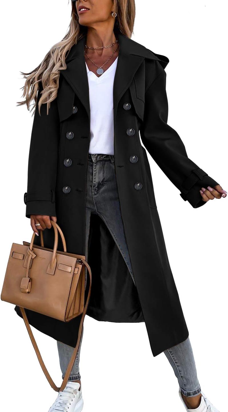 Women Double Breasted Long Trench Coat Windproof Classic Lapel Belted Overcoat with Pockets