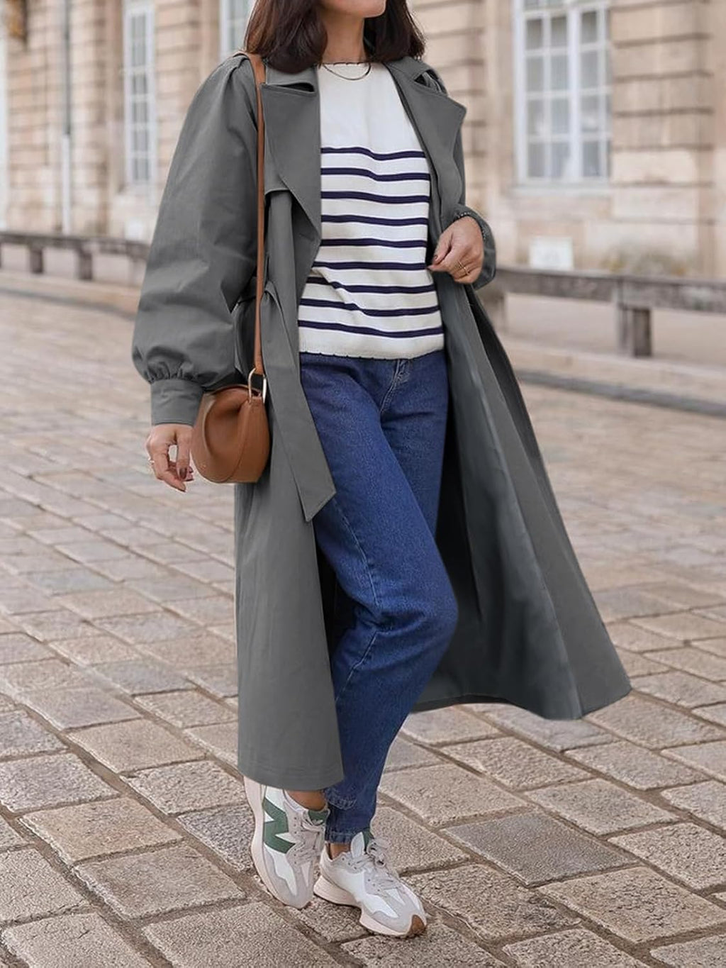 WomenLong Trench Coat Fall Fashion Double Breasted Lapel Overcoat Outerwear with Belt