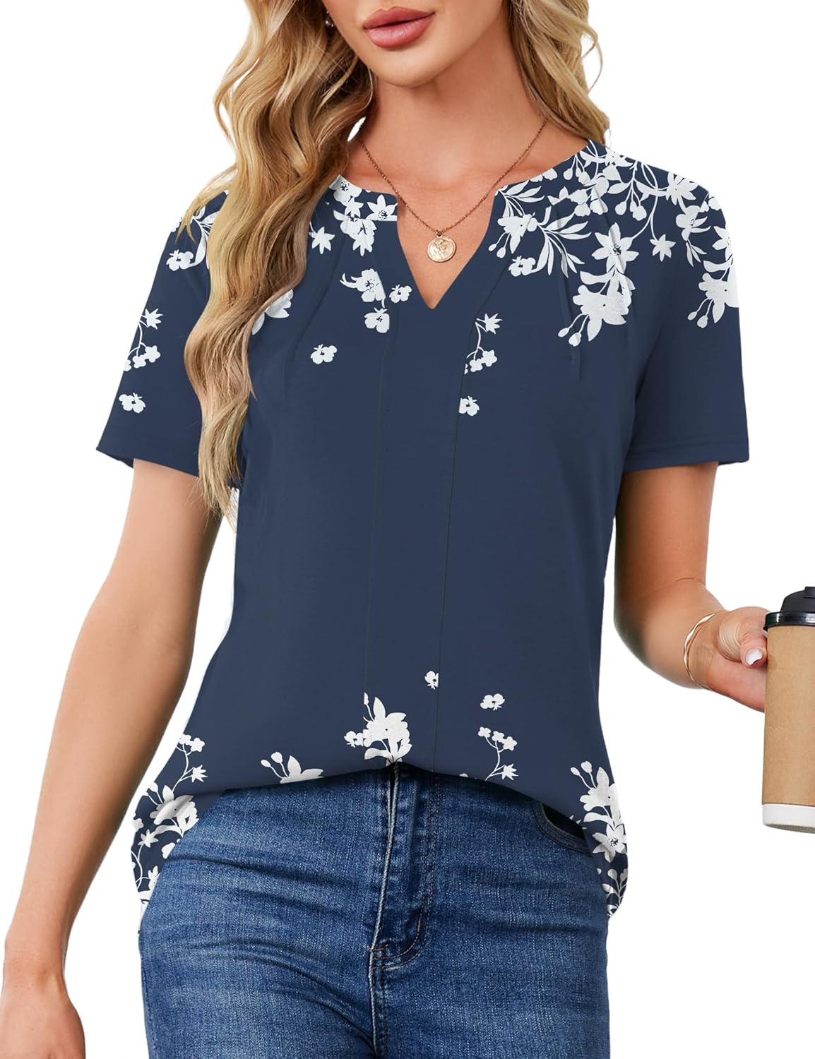 Short Sleeve Blouses for Women V Neck T Shirts Pleated Summer Dressy Casual Tops