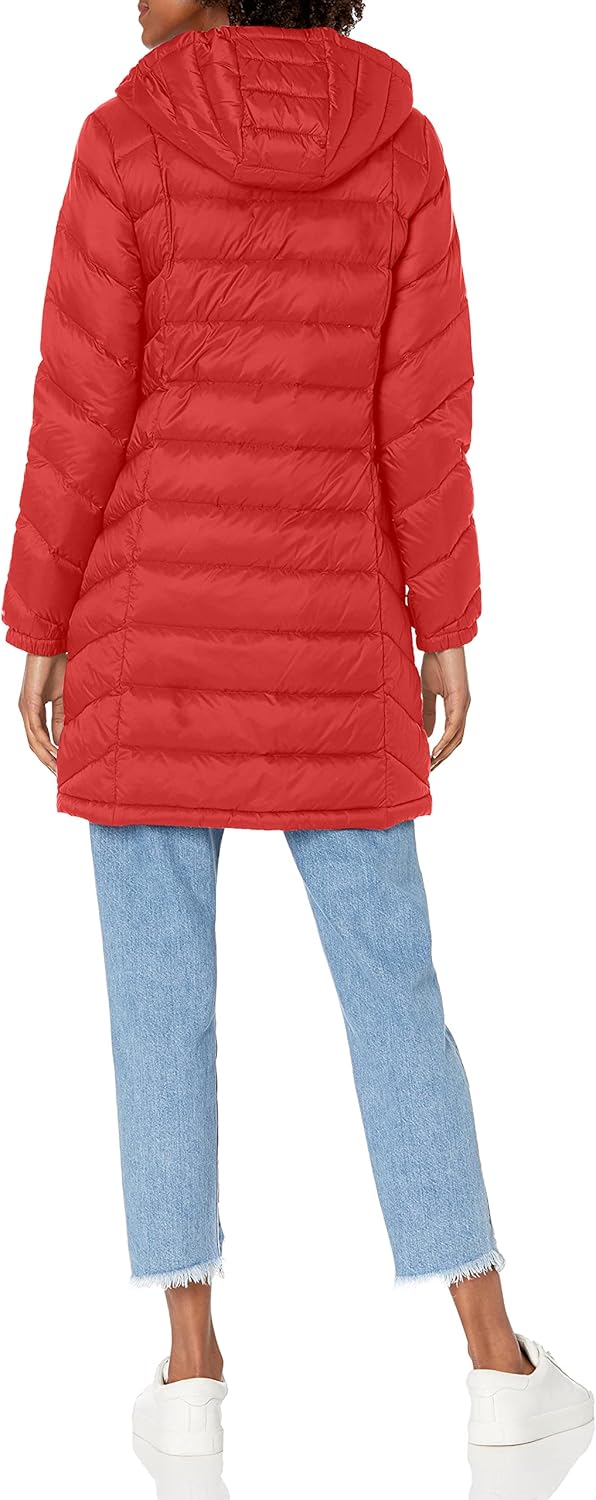 Women Mid-Length Puffer Hooded Down Jacket with Drawstring Packing Bag