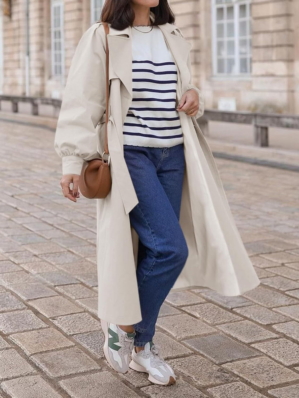 WomenLong Trench Coat Fall Fashion Double Breasted Lapel Overcoat Outerwear with Belt