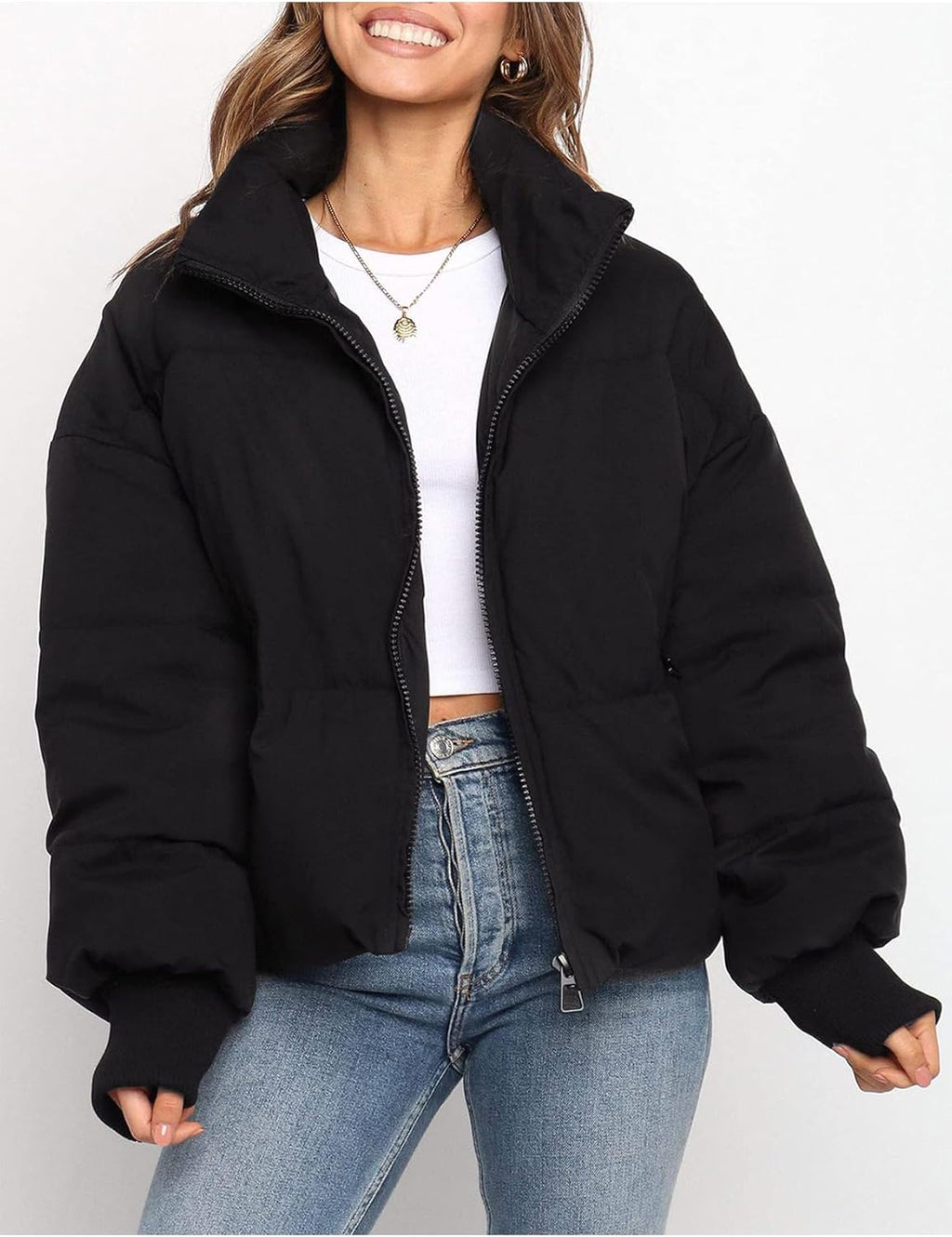 Women Winter Cropped Puffer Jacket Crop Warm Cotton Jacket Baggy Short Padded Outerwear Coats