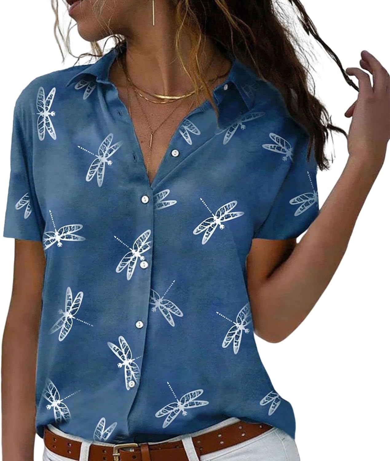 Women Button Down Shirts Short Sleeve Summer Linen V Neck Collared Hawaiian Floral Print Cat Casual Blouse Tops