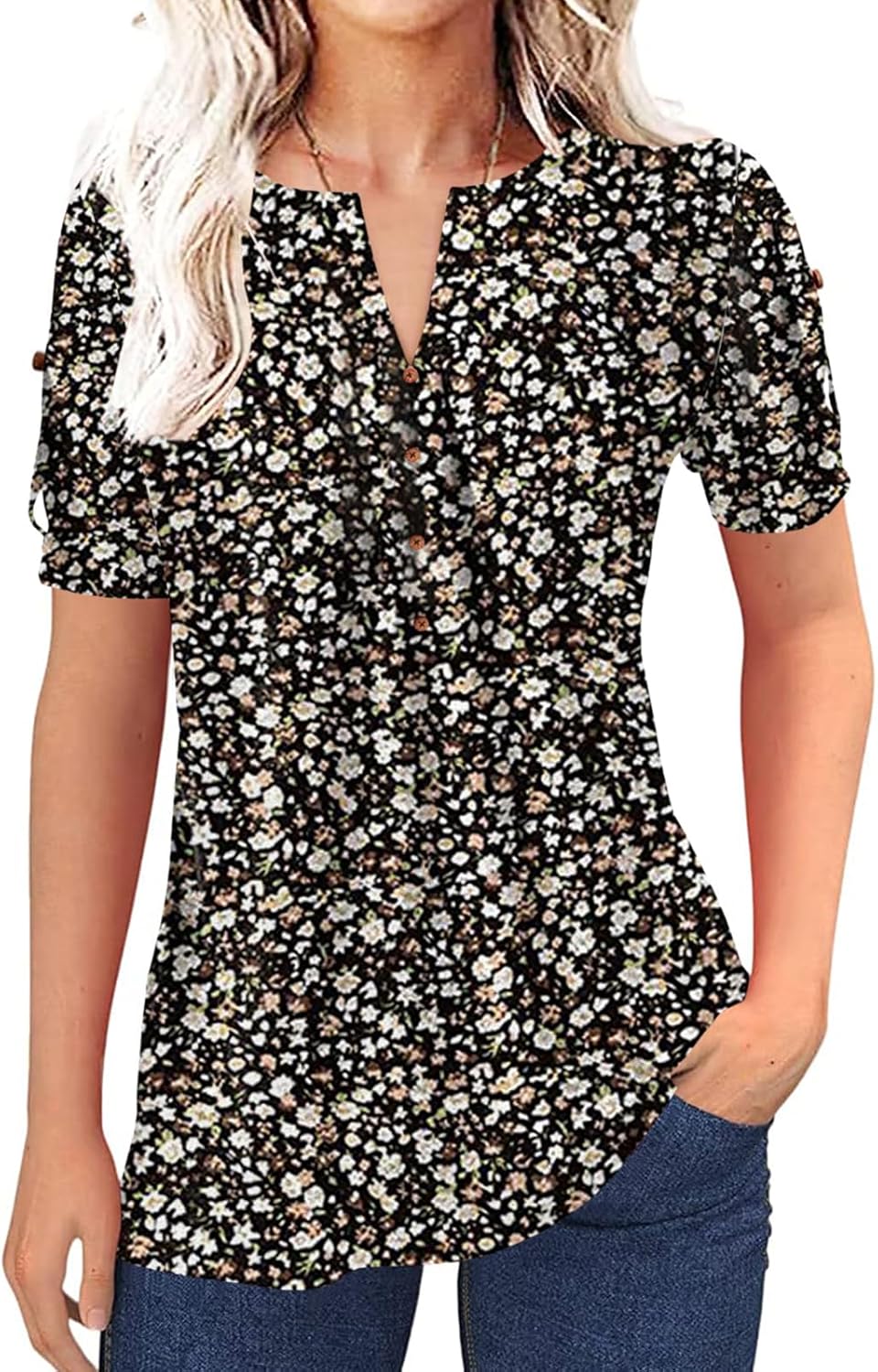 Women Zipper Summer Pleated Button Short Sleeve T-Shirt Summer V-Neck Solid Color Casual top