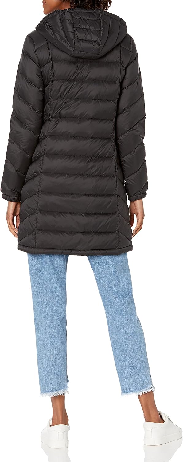 Women Mid-Length Puffer Hooded Down Jacket with Drawstring Packing Bag