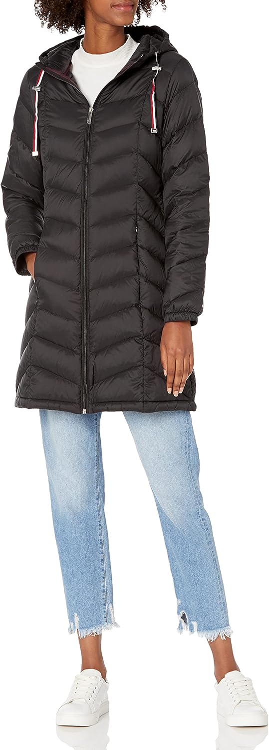 Women Mid-Length Puffer Hooded Down Jacket with Drawstring Packing Bag