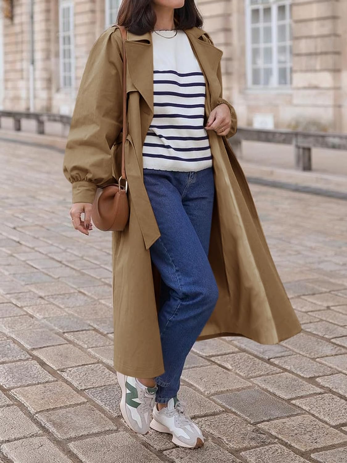 WomenLong Trench Coat Fall Fashion Double Breasted Lapel Overcoat Outerwear with Belt