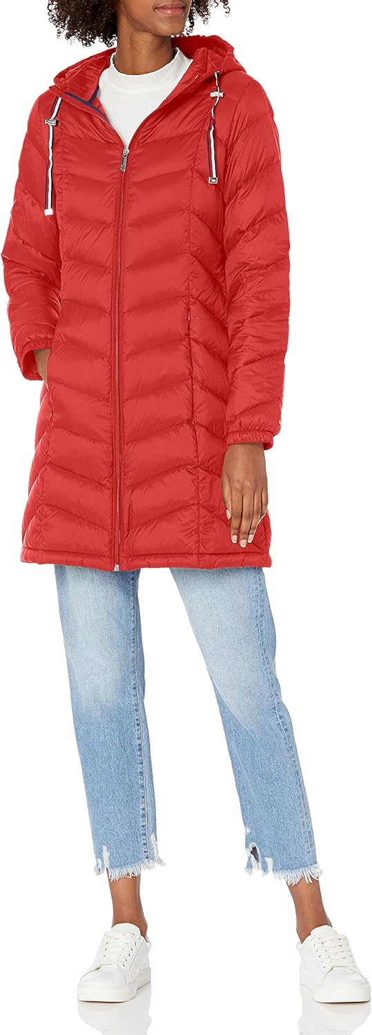 Women Mid-Length Puffer Hooded Down Jacket with Drawstring Packing Bag