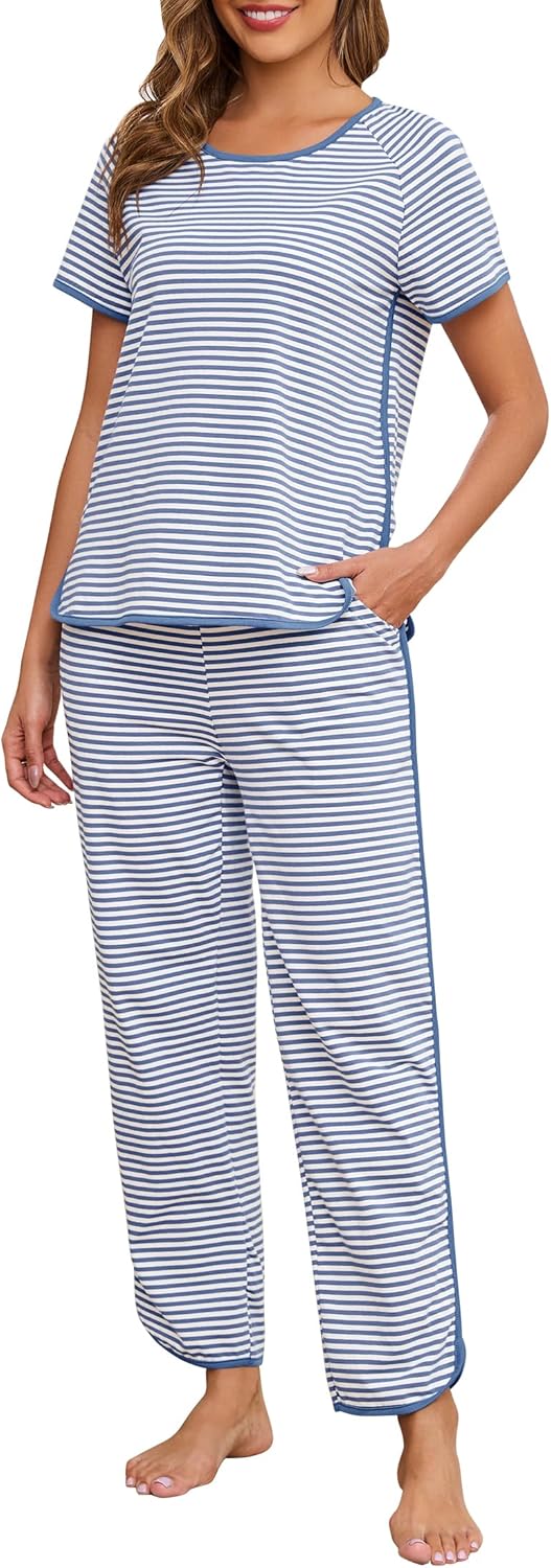Women Pajama Sets Cotton 2 Piece Lounge Set Stripe Short Sleeve Pj Set Comfy Loungewear Sleepwear with Pockets