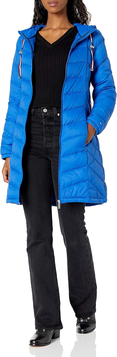 Women Mid-Length Puffer Hooded Down Jacket with Drawstring Packing Bag