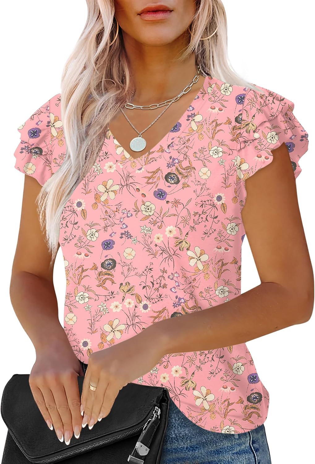 Women Ruffle Short Sleeve Tunic Tops V Neck Knit Ribbed T Shirts Blouses